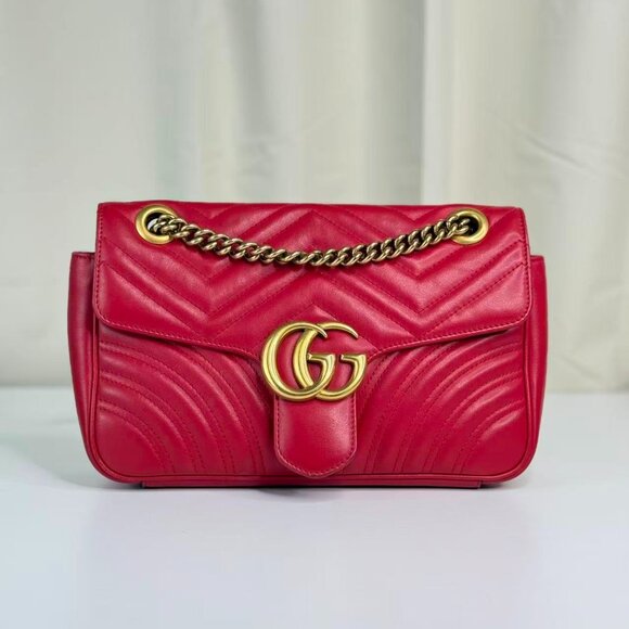Gucci GG Logo Red Medium Marmont Shoulder Bag with Gold Chain Crossbody Style - Picture 1 of 9